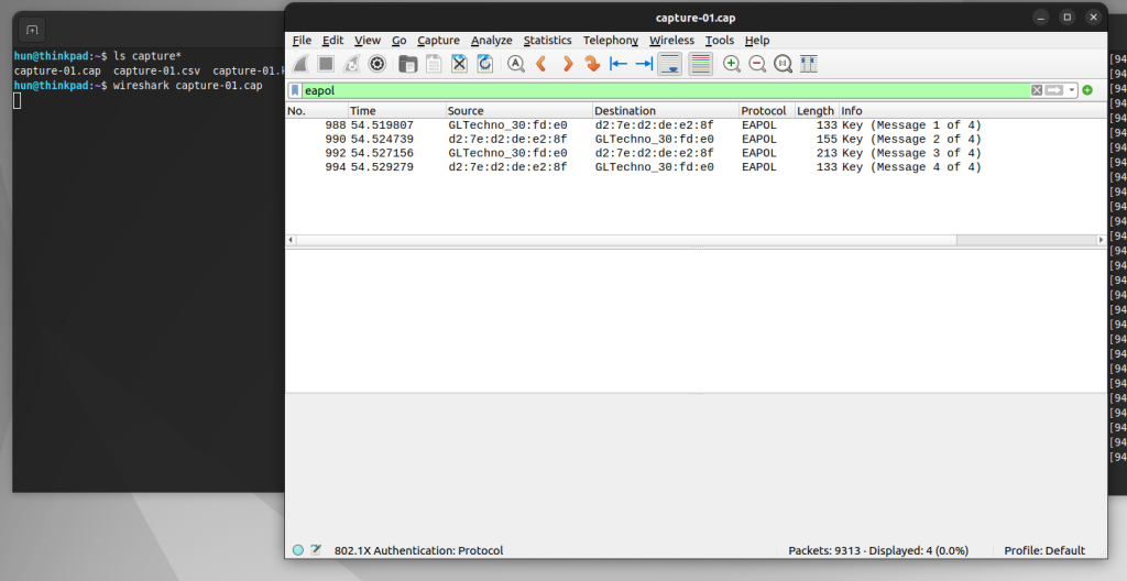 Finding four-way handshake packets in Wireshark