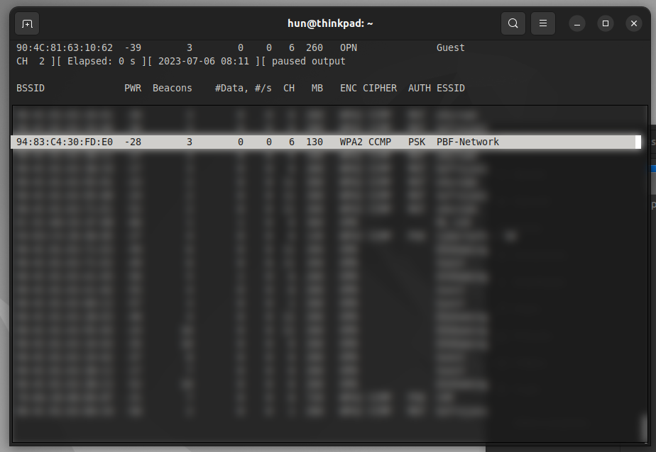 Airodump-ng output, finding target network's ESSID