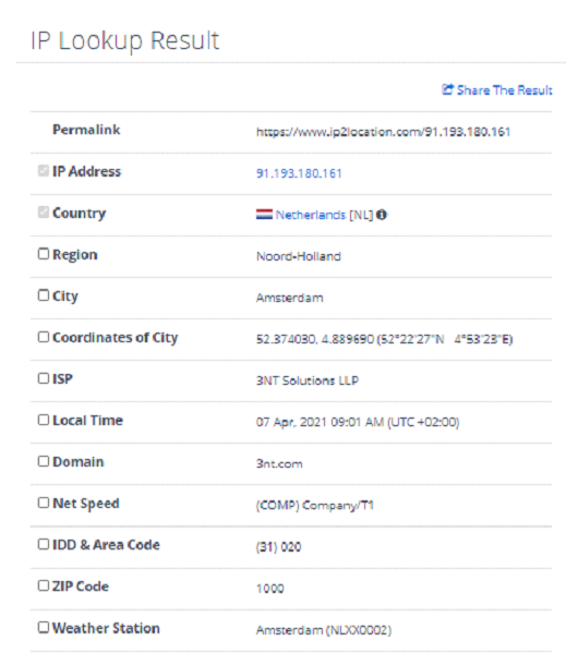 IP lookup results from whois lookup.