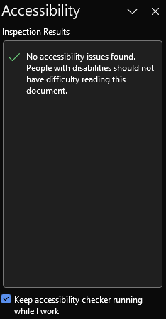 Accessibility Inspection Results showing that the document is free of accessibility issues.