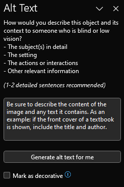 Alt Text pane with instructions included as text